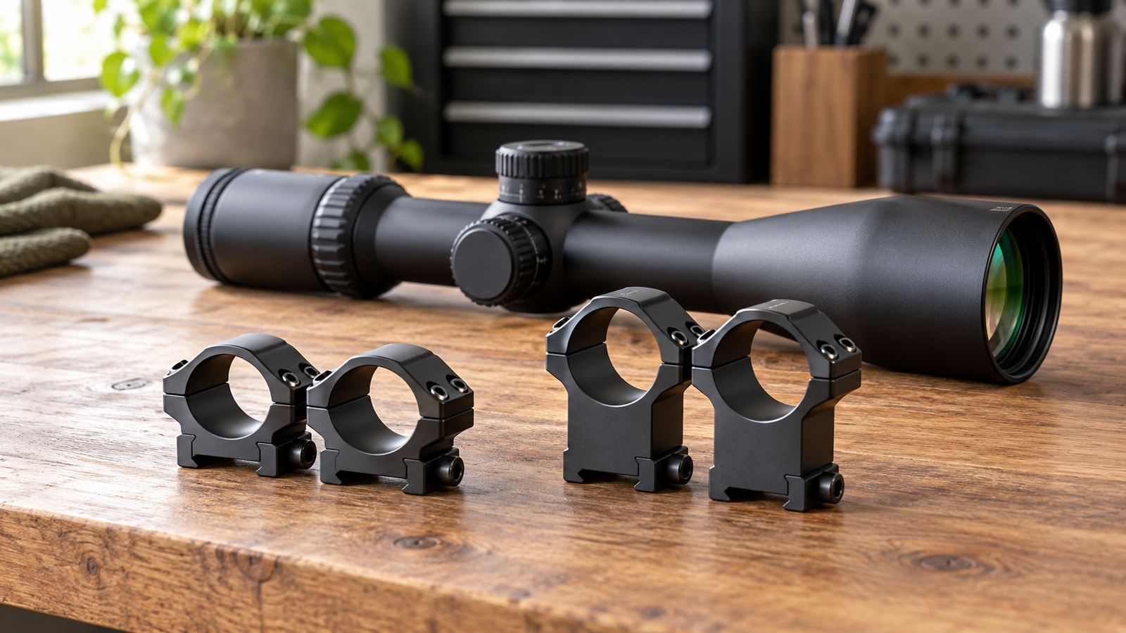 Low and high scope mounting rings beside a telescopic optic on a workbench